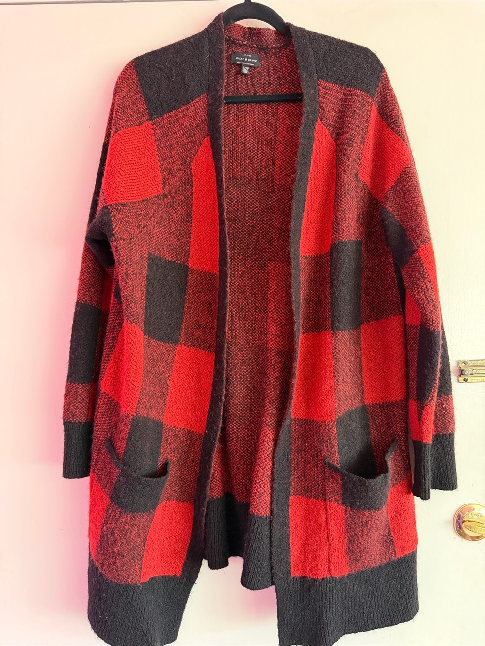 Lucky Brand Red and Black Plaid Open-Front Cardigan
